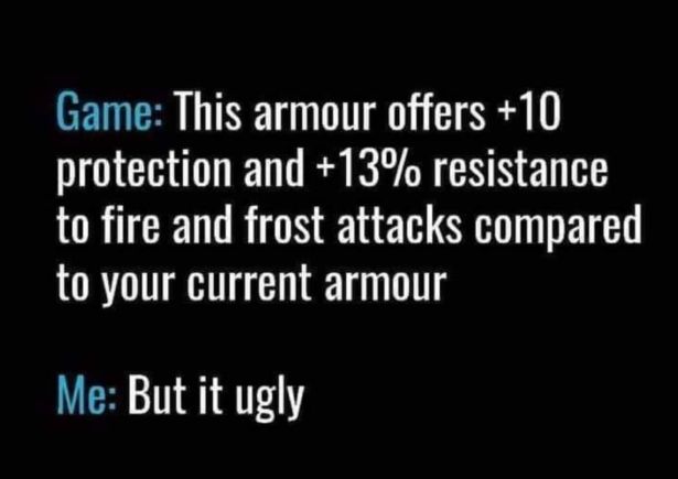 funny gaming memes - Game This armour offers 10 protection and 13% resistance to fire and frost attacks compared to your current armour Me But it ugly