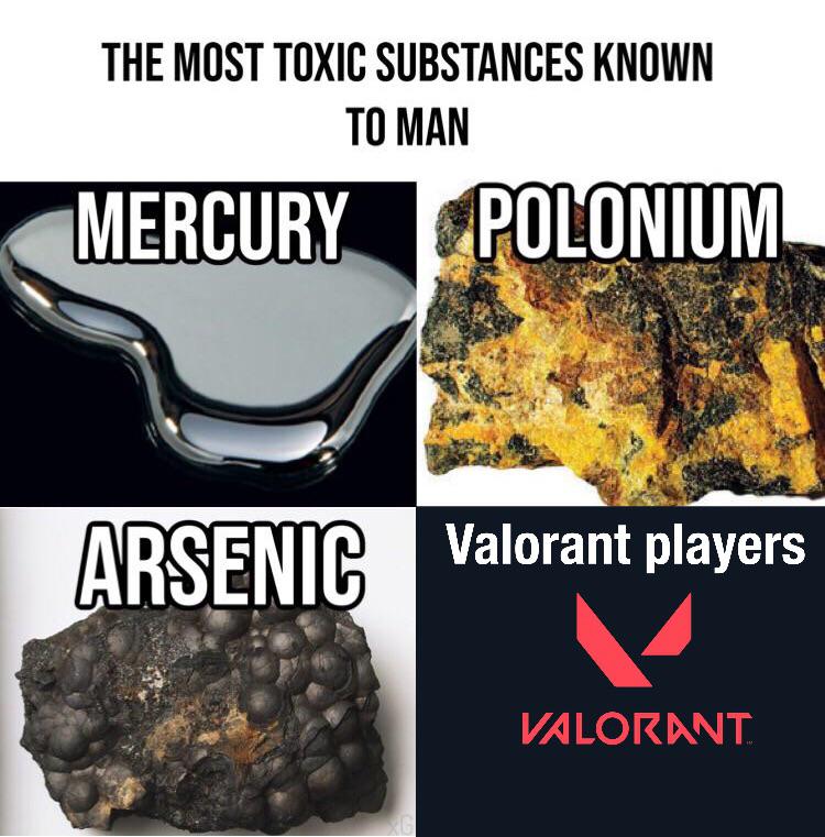 funny gaming memes - most toxic things in the world meme - The Most Toxic Substances Known To Man Mercury Polonium Arsenic Valorant players Valorant