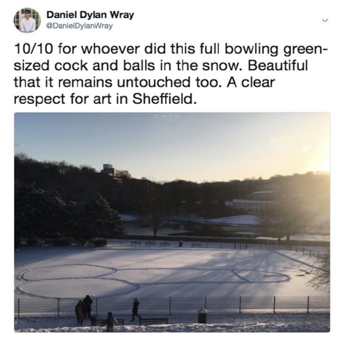 water resources - Daniel Dylan Wray 1010 for whoever did this full bowling green sized cock and balls in the snow. Beautiful that it remains untouched too. A clear respect for art in Sheffield.