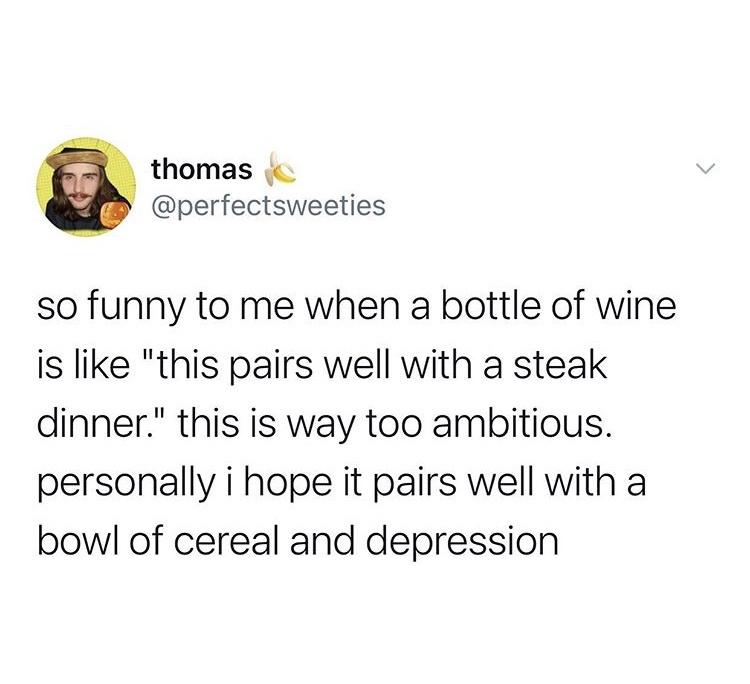 congrats on your baby meme - thomas so funny to me when a bottle of wine is "this pairs well with a steak dinner." this is way too ambitious. personally i hope it pairs well with a bowl of cereal and depression