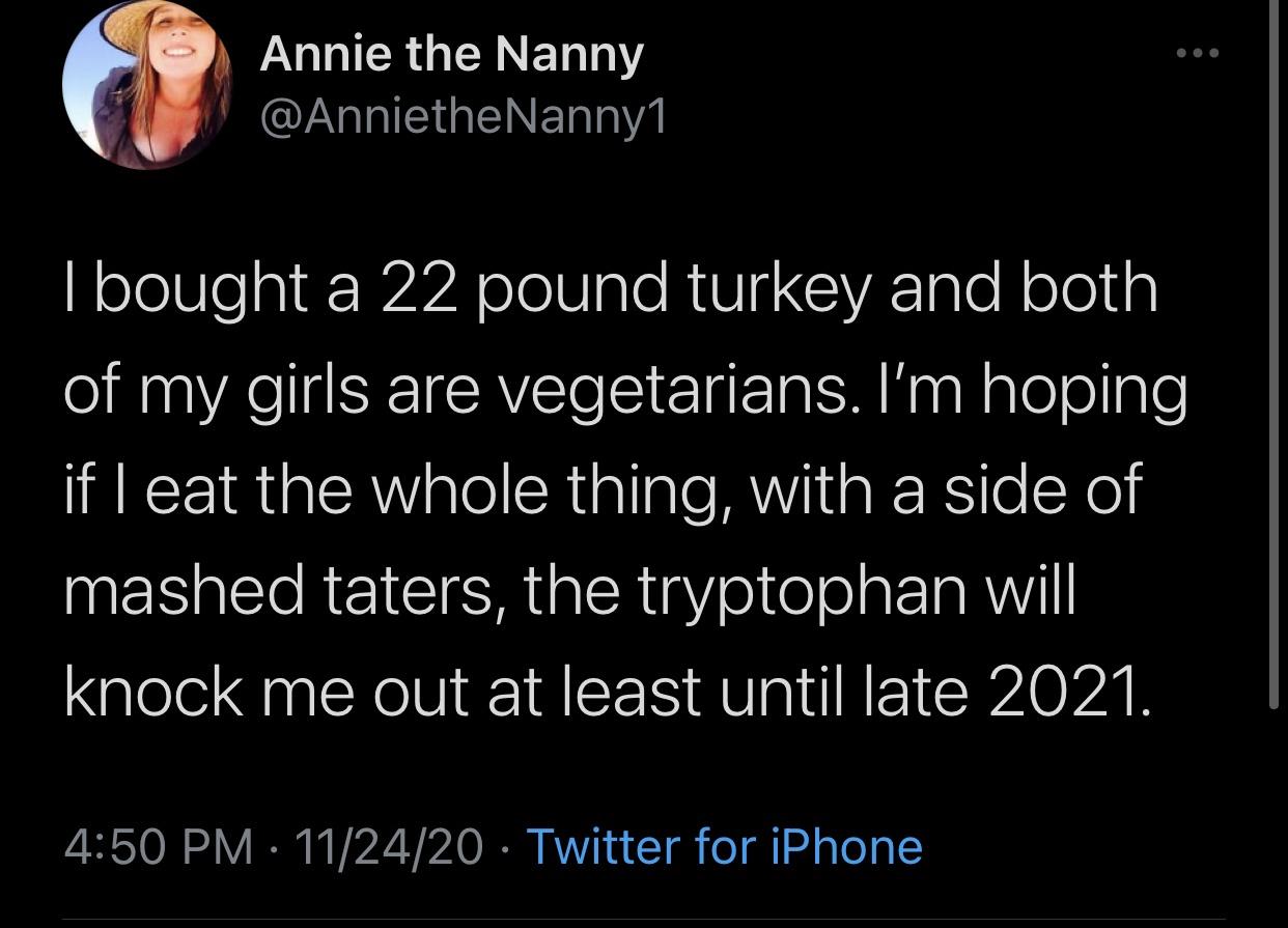 Annie the Nanny Nanny1 I bought a 22 pound turkey and both of my girls are vegetarians. I'm hoping if I eat the whole thing, with a side of mashed taters, the tryptophan will knock me out at least until late 2021. 112420 Twitter for iPhone