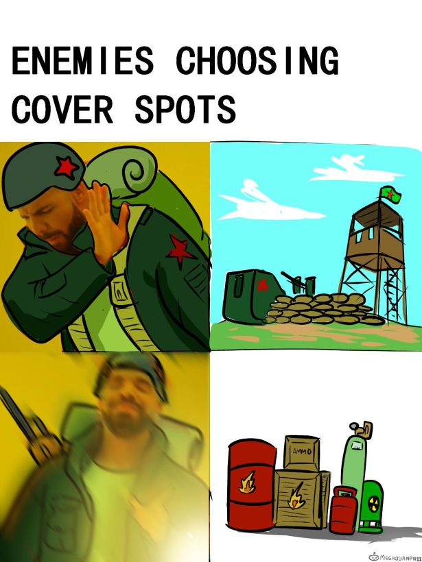 funny gaming memes - cartoon - Enemies Choosing Cover Spots Ammo 1 Marquanpru