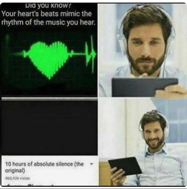 funny gaming memes - did you know your heart beats meme - Did you know? Your heart's beats mimic the rhythm of the music you hear. 10 hours of absolute silence the original 460436 vistas