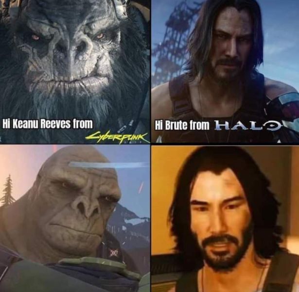 funny gaming memes - brutes halo - Hi Keanu Reeves from Cyberfunk Hi Brute from Halo