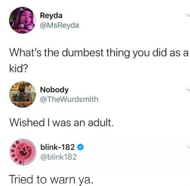 what's the dumbest thing you did - Reyda What's the dumbest thing you did as a kid? Nobody Wished I was an adult. blink182 Tried to warn ya.
