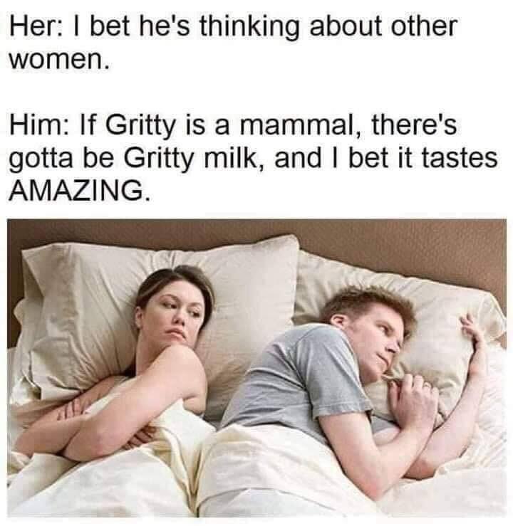 he's probably thinking about other girls meme - Her I bet he's thinking about other women. Him If Gritty is a mammal, there's gotta be Gritty milk, and I bet it tastes Amazing.