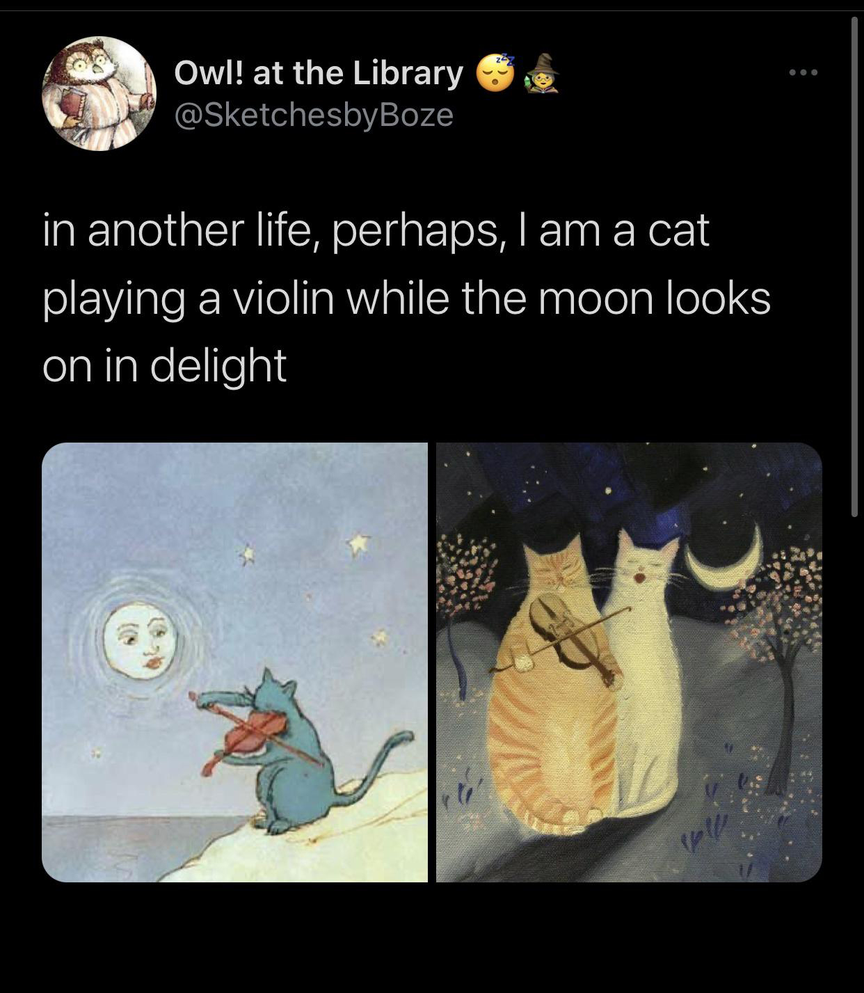 cat playing violin - Owl! at the Library in another life, perhaps, I am a cat playing a violin while the moon looks on in delight