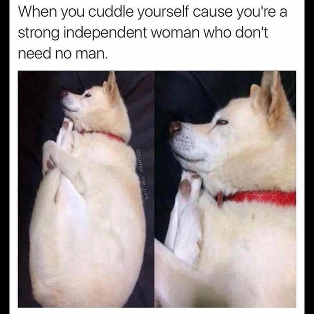 cuddle memes - When you cuddle yourself cause you're a strong independent woman who don't need no man. Qhumor_me_pink