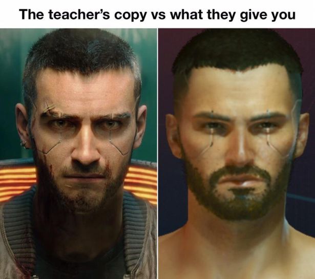 funny gaming memes - cyberpunk 2077 v face - The teacher's copy vs what they give you