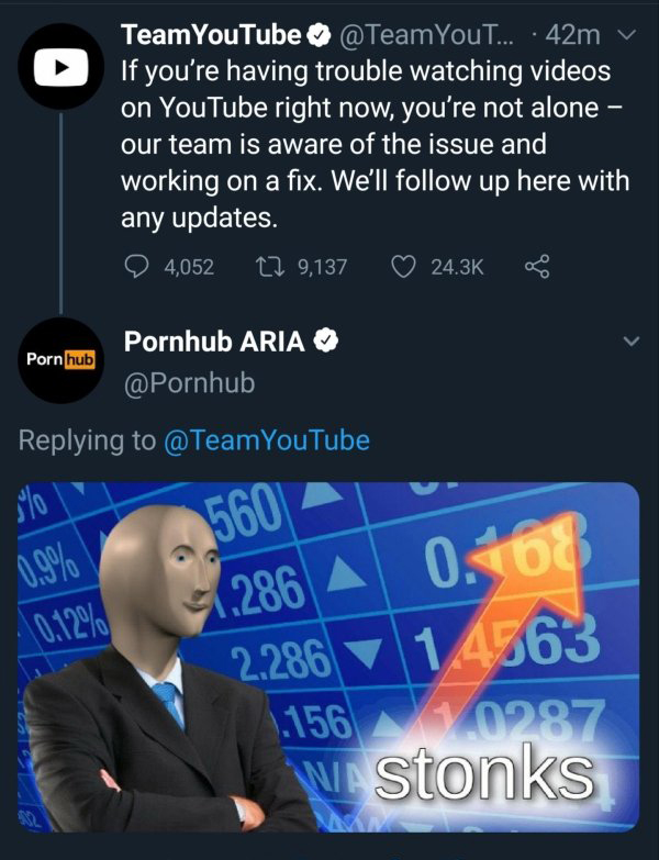 funny gaming memes - If you're having trouble watching videos on YouTube right now, you're not alone our team is aware of the issue and working on a fix. We'll up here with any updates. Pornhub stonks meme