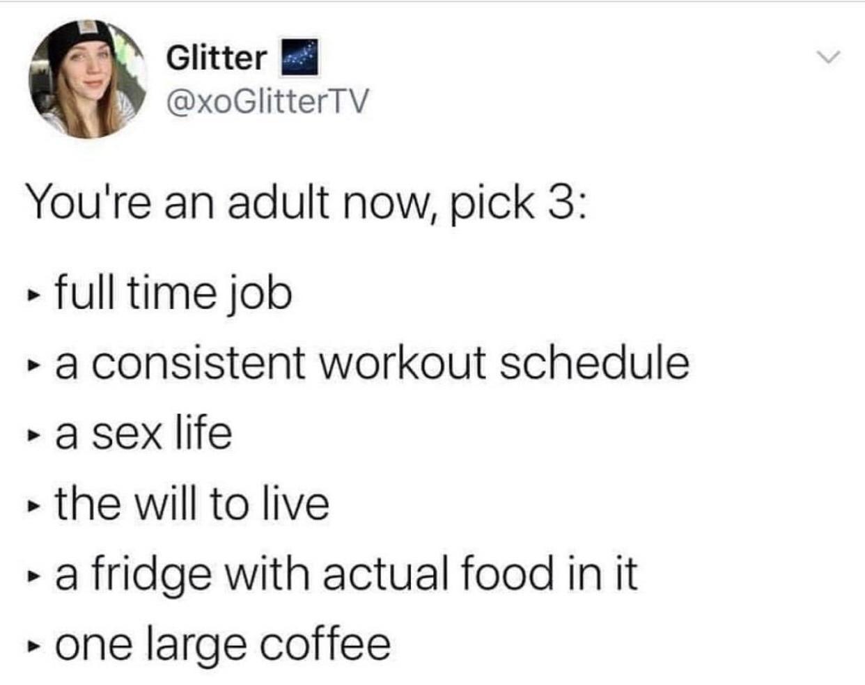 Glitter You're an adult now, pick 3 full time job a consistent workout schedule a sex life the will to live a fridge with actual food in it one large coffee