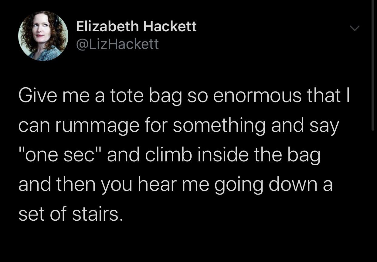 boy gave a girl 13 - Elizabeth Hackett mon Give me a tote bag so enormous that I can rummage for something and say "one sec" and climb inside the bag and then you hear me going down a set of stairs.