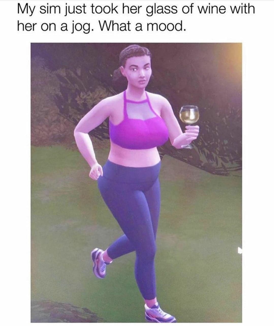 shoulder - My sim just took her glass of wine with her on a jog. What a mood.
