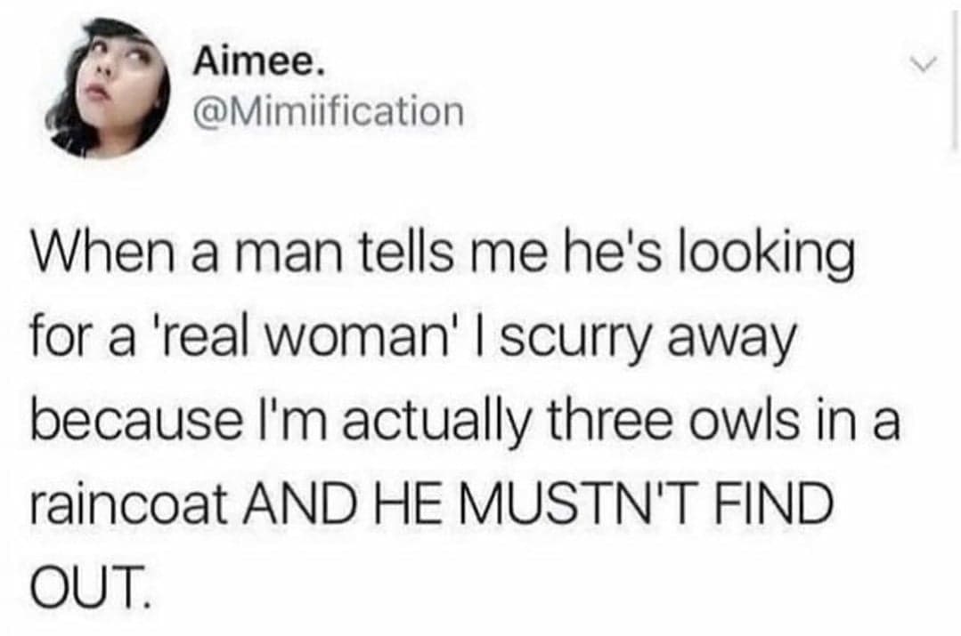 2020 is gonna be lit - Aimee. When a man tells me he's looking for a 'real woman' I scurry away because I'm actually three owls in a raincoat And He Mustn'T Find Out.