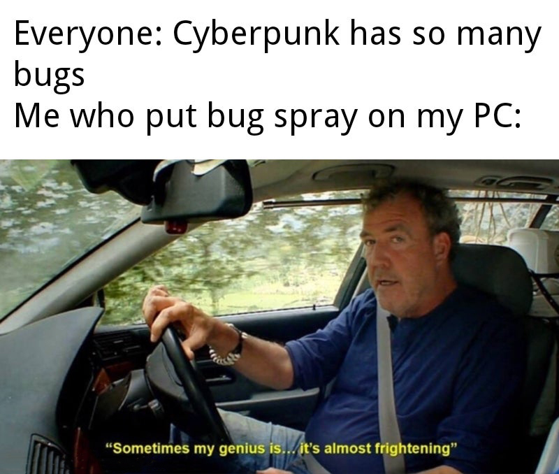 funny video game memes - Everyone Cyberpunk has so many bugs Me who put bug spray on my Pc Sometimes my genius is... it's almost frightening