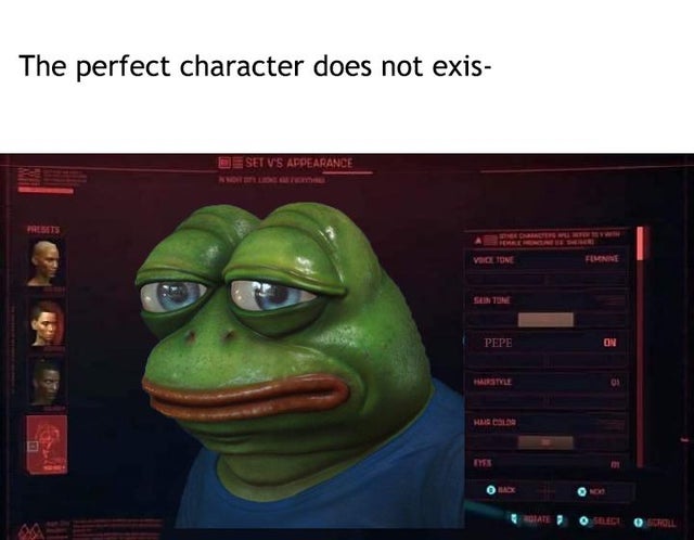 funny video game memes - The perfect character does not exist  cyberpunk 2077 pepe the frog meme character creator
