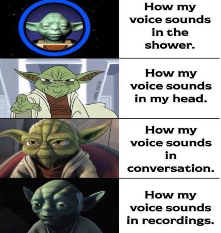 cartoon - How my voice sounds in the shower. solid Thark How my voice sounds in my head. How my voice sounds in conversation. How my voice sounds in recordings.