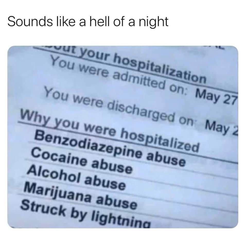 document - Sounds a hell of a night cut your hospitalization You were admitted on May 27 You were discharged on May 2 Why you were hospitalized Benzodiazepine abuse Cocaine abuse Alcohol abuse Marijuana abuse Struck by lightning