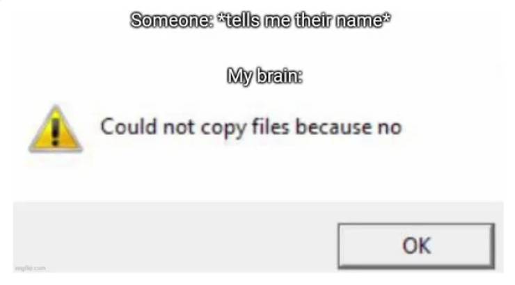 gaming memes - Someone tells me their name My brain Could not copy files because no Ok