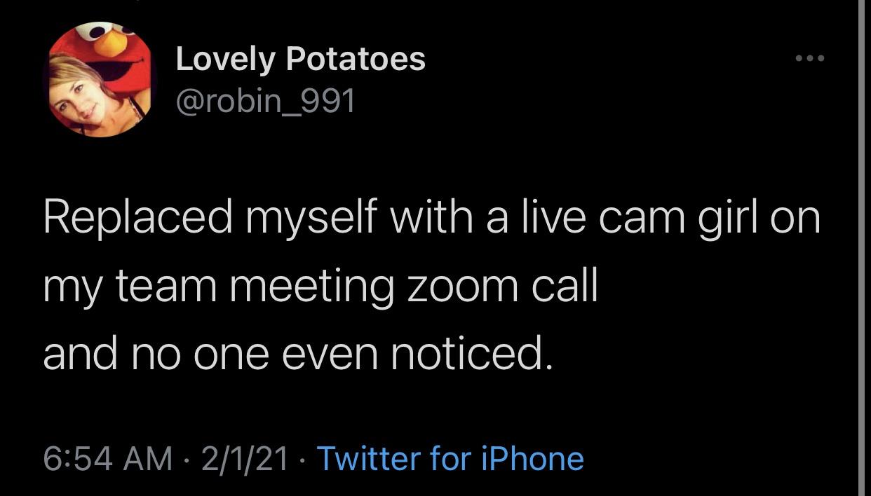 funny twitter jokes - Replaced myself with a live cam girl on my team meeting zoom call and no one even noticed.
