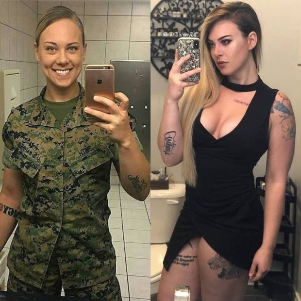 girl with and without uniform