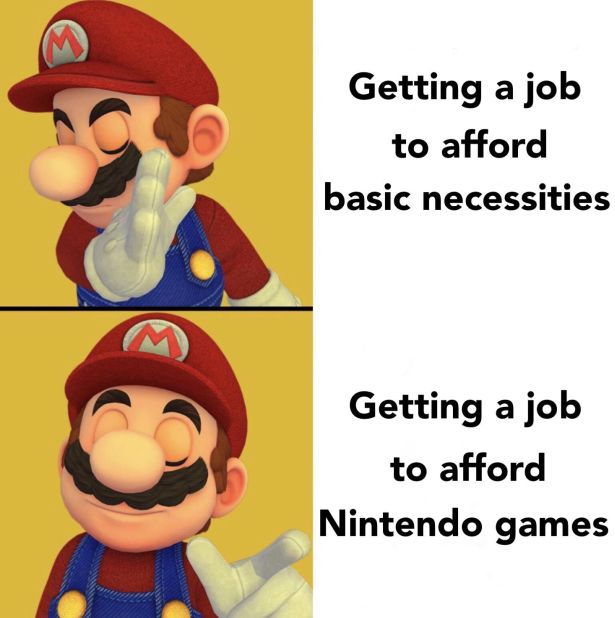 gaming-memes mario memes - Getting a job to afford basic necessities Getting a job to afford Nintendo games