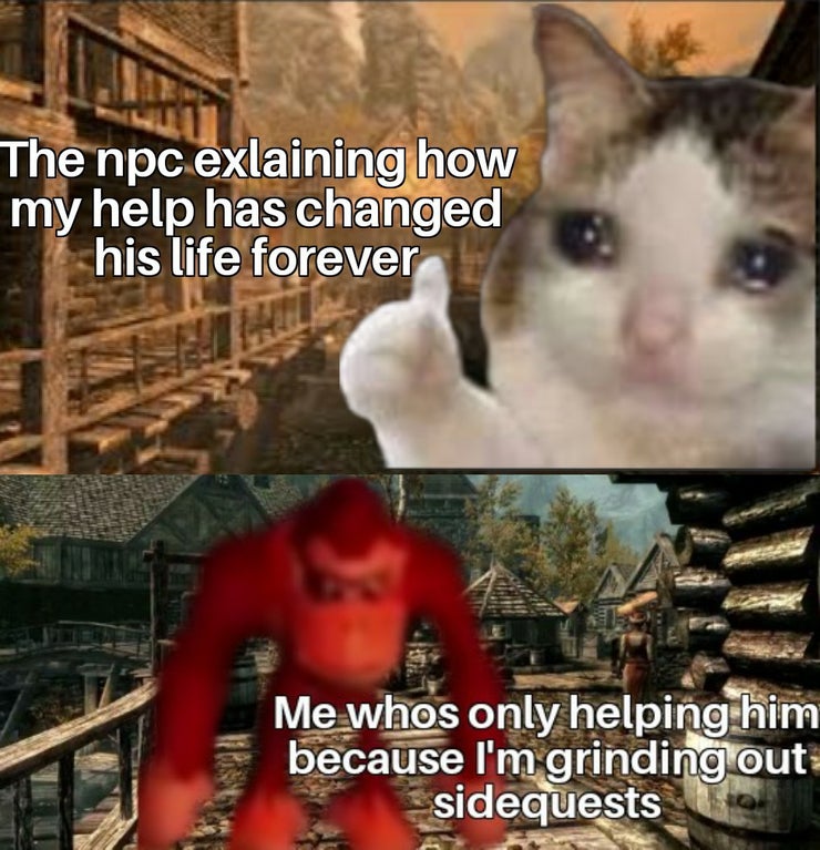 gaming-memes bee with heart - The npc exlaining how my help has changed his life forever Me whos only helping him because I'm grinding out sidequests