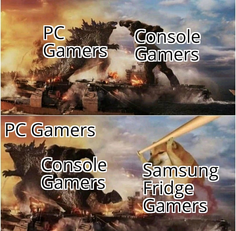 Internet meme - Pc Gamers Console Gamers Pc Gamers Console Gamers Samsung Fridge Gamers