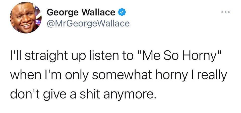 smile - George Wallace I'll straight up listen to "Me So Horny" when I'm only somewhat horny I really don't give a shit anymore.