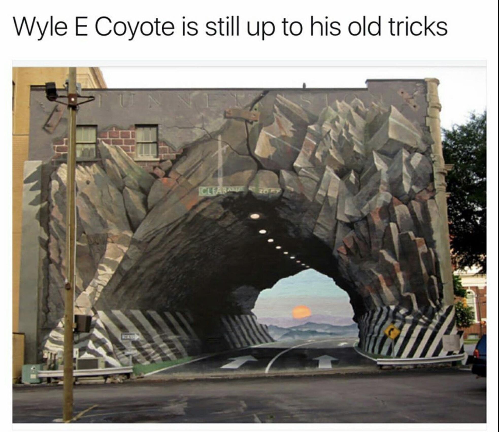 funny pics and memes - tunnel vision street art - Wyle E Coyote is still up to his old tricks