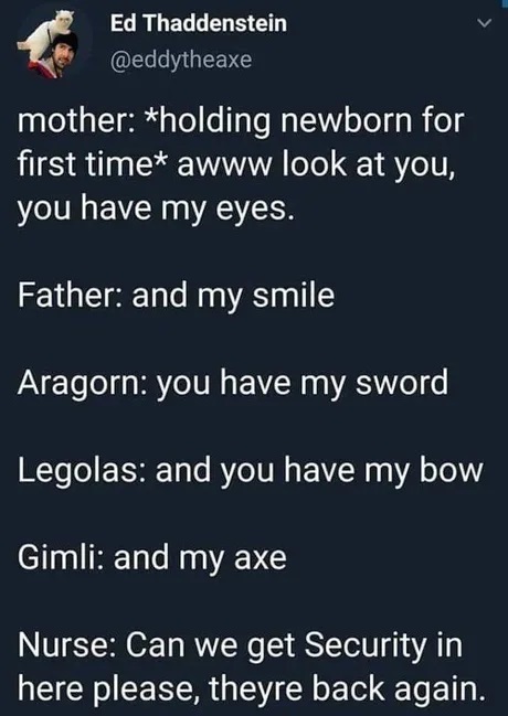 funny pics and memes - mother holding newborn for first time awww look at you, you have my eyes. Father and my smile Aragorn you have my sword Legolas and you have my bow Gimli and my axe Nurse Can we get Security in here please, theyre back
