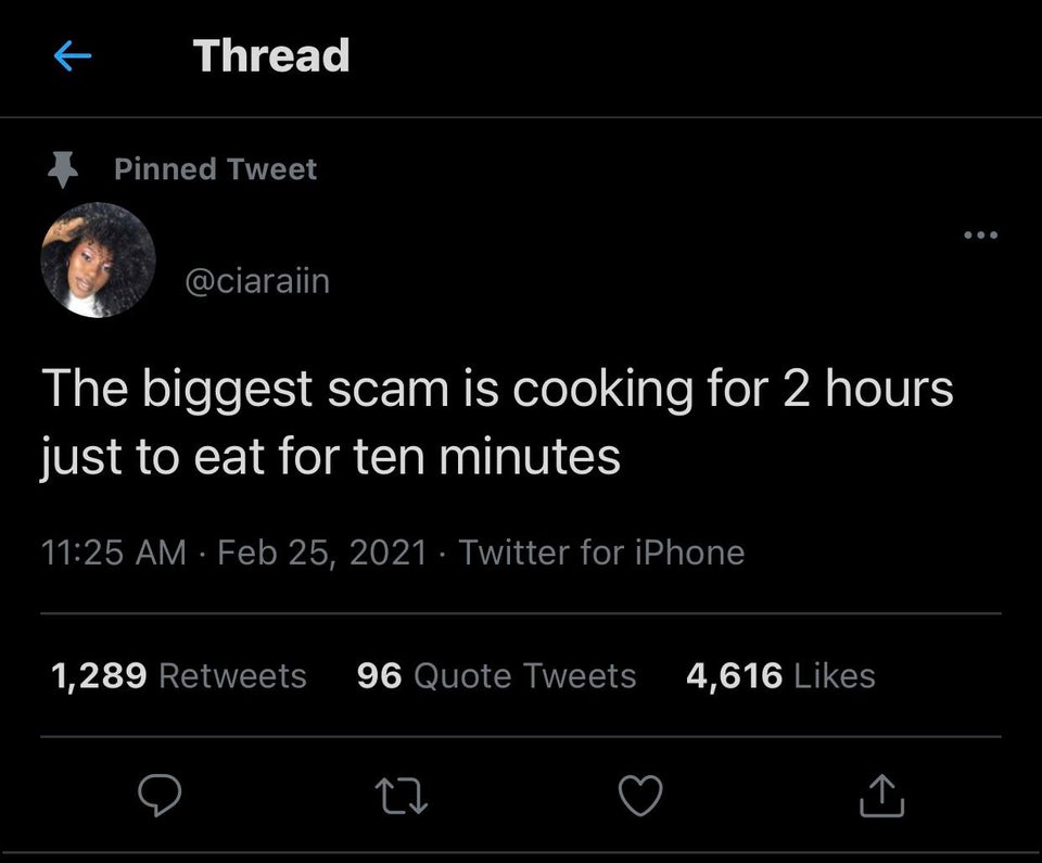 screenshot - Thread 1 Pinned Tweet The biggest scam is cooking for 2 hours just to eat for ten minutes Twitter for iPhone 1,289 96 Quote Tweets 4,616