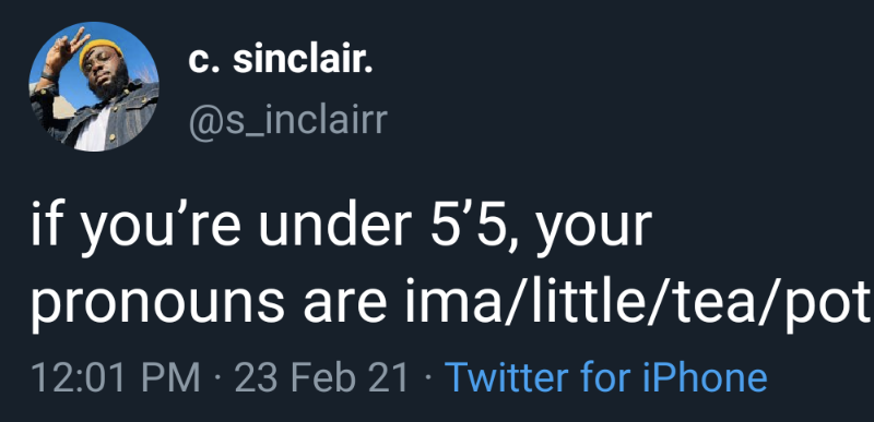 C. sinclair. if you're under 5'5, your pronouns are imalittleteapot 23 Feb 21 Twitter for iPhone