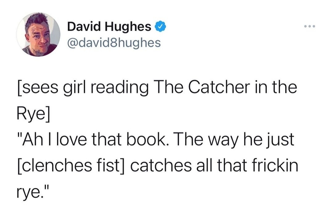 Internet meme - David Hughes sees girl reading The Catcher in the Rye "Ah I love that book. The way he just clenches fist catches all that frickin rye."