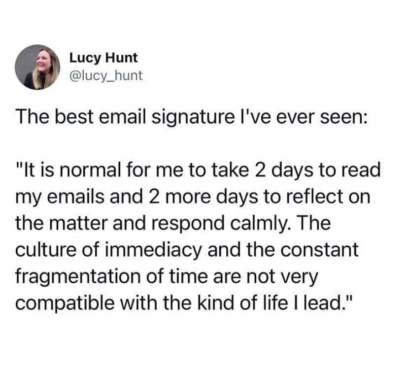 angle - Lucy Hunt The best email signature I've ever seen "It is normal for me to take 2 days to read my emails and 2 more days to reflect on the matter and respond calmly. The culture of immediacy and the constant fragmentation of time are not very compa
