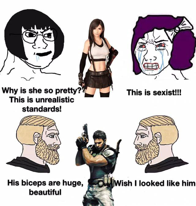 funny gaming memes - we must do 8 hour arm workout - This is sexist!!! Why is she so pretty? This is unrealistic standards! His biceps are huge, Wish I looked him beautiful