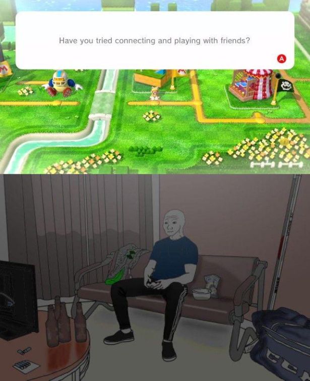 funny gaming memes - wojak sitting on couch - Have you tried connecting and playing with friends?