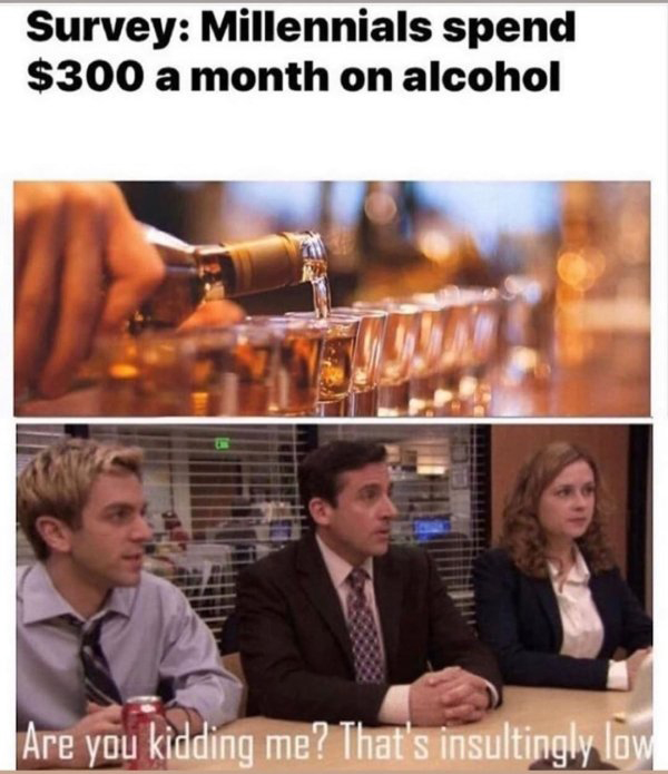 prequel memes - Survey Millennials spend $300 a month on alcohol Are you kidding me? That's insultingly low