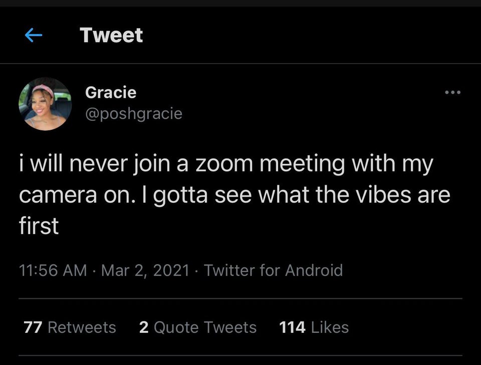 the funniest tweets - screenshot - Tweet Gracie i will never join a zoom meeting with my camera on. I gotta see what the vibes are first Twitter for Android 77 2 Quote Tweets 114