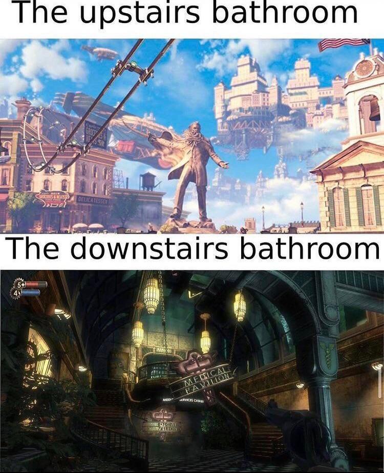 funny gaming memes - upstairs bathroom to downstairs bathroom meme - The upstairs bathroom Gorestry Delkalo >> The downstairs bathroom 5 4 Anas Medical Pavilion Mot Vices Care Qual Velicinit