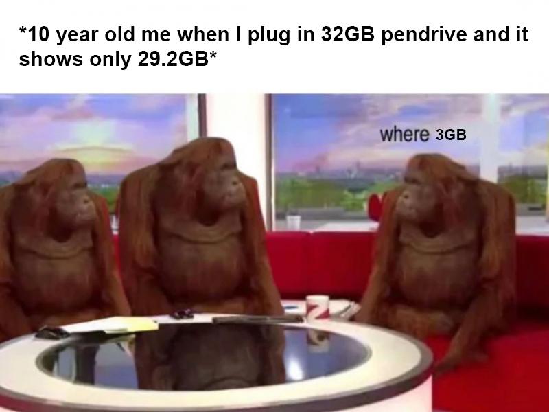banana meme template - 10 year old me when I plug in 32GB pendrive and it shows only 29.2GB where 3GB