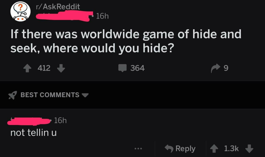 monday morning randomness - screenshot - rAskReddit 16h If there was worldwide game of hide and seek, where would you hide? 412 364 9 Best 16h not tellin u