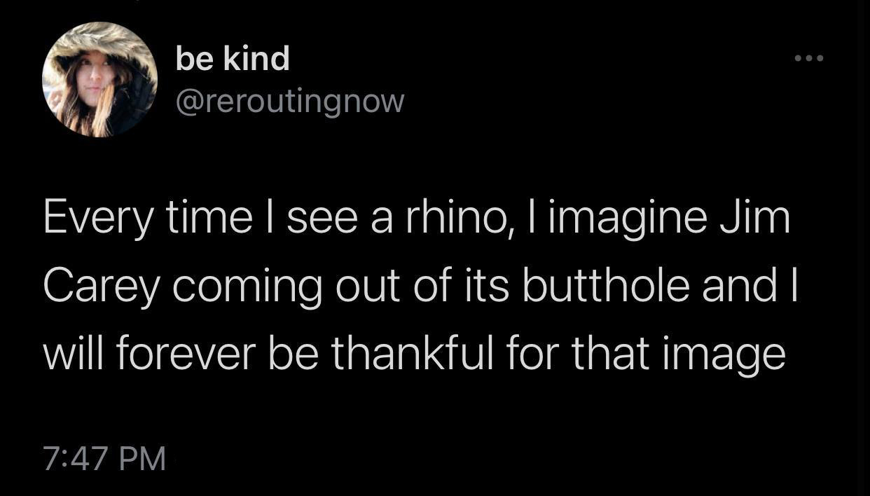 monday morning randomness - atmosphere - be kind Every time I see a rhino, I imagine Jim Carey coming out of its butthole and I will forever be thankful for that image