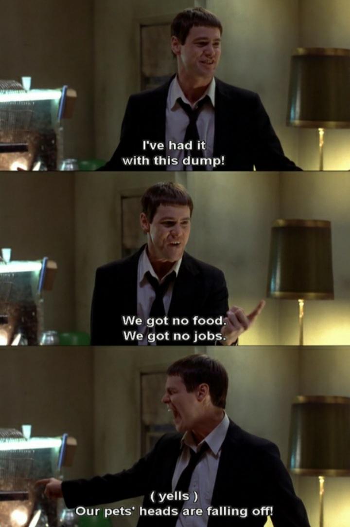 monday morning randomness - best dumb and dumber quotes - I've had it with this dump! We got no food. We got no jobs. yells Our pets' heads are falling off!