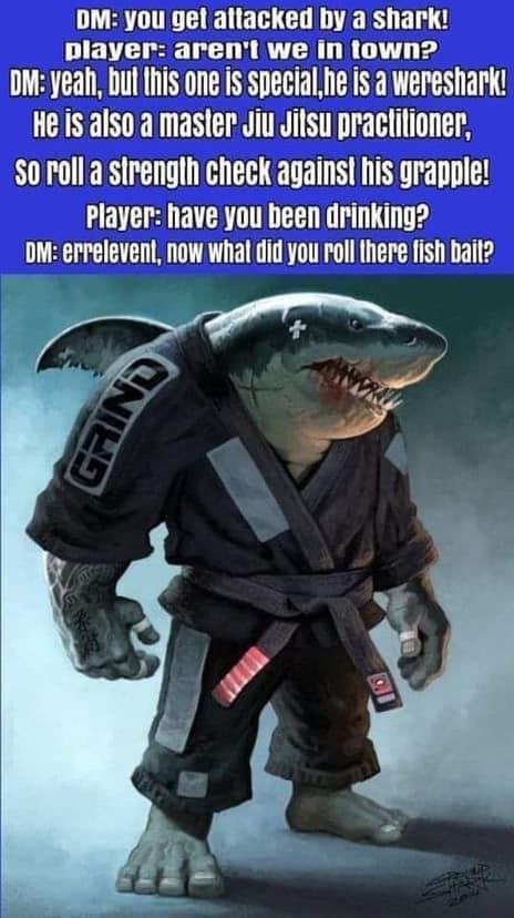 funny gaming memes  - dnd drunk meme - Dm you get attacked by a shark! player aren't we in town? Dm yeah, but this one is special,he is a wereshark! He is also a master Jiu Jitsu praclitioner, So roll a strength check against his grapple! Player have you 