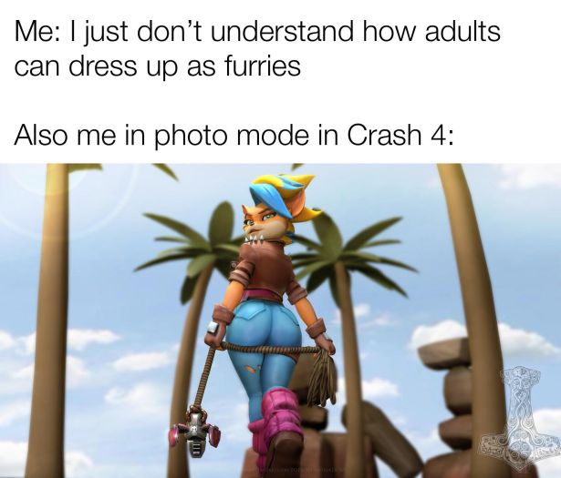 funny gaming memes - tawna crash 4 - Me I just don't understand how adults can dress up as furries Also me in photo mode in Crash 4
