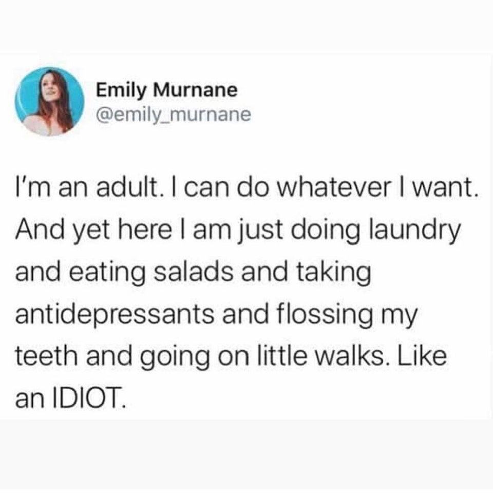 don t watch star wars - Emily Murnane I'm an adult. I can do whatever I want. And yet here I am just doing laundry and eating salads and taking antidepressants and flossing my teeth and going on little walks. an Idiot.