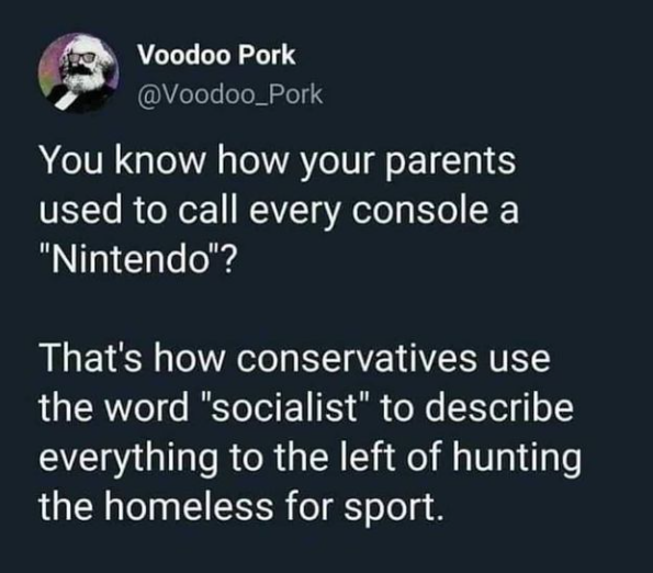 atmosphere - Voodoo Pork You know how your parents used to call every console a "Nintendo"? That's how conservatives use the word "socialist" to describe everything to the left of hunting the homeless for sport.