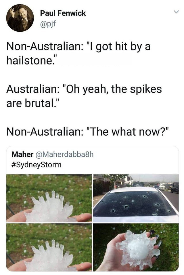 grass - Paul Fenwick NonAustralian "I got hit by a hailstone." Australian "Oh yeah, the spikes are brutal." NonAustralian "The what now?" Maher