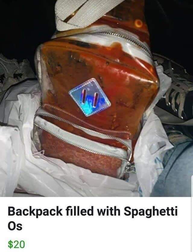 backpack spaghetti - Backpack filled with Spaghetti Os $20